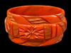 BB311 wide bark carved burnt orange bakelite bangle